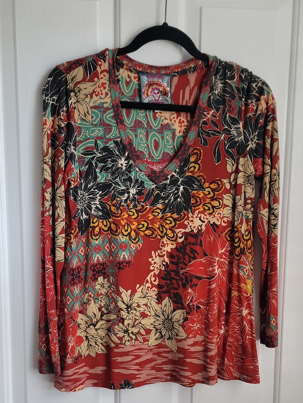 Johnny Was Boho Floral V-Neck Long Sleeve Top - Rust Multi Small S